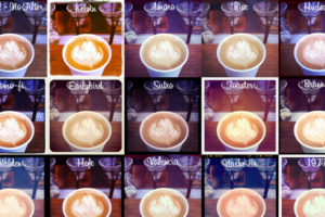 A photo collage of an unprocessed image (top left) modified with the 16 different Instagram filters available in 2011