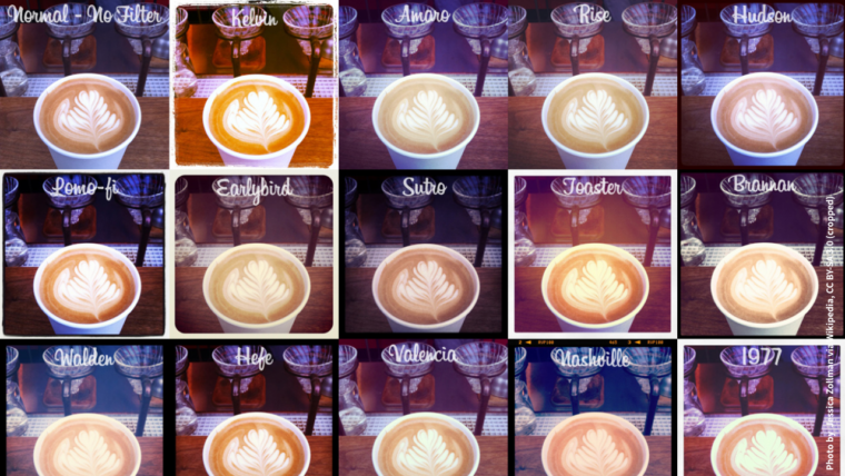 A photo collage of an unprocessed image (top left) modified with the 16 different Instagram filters available in 2011